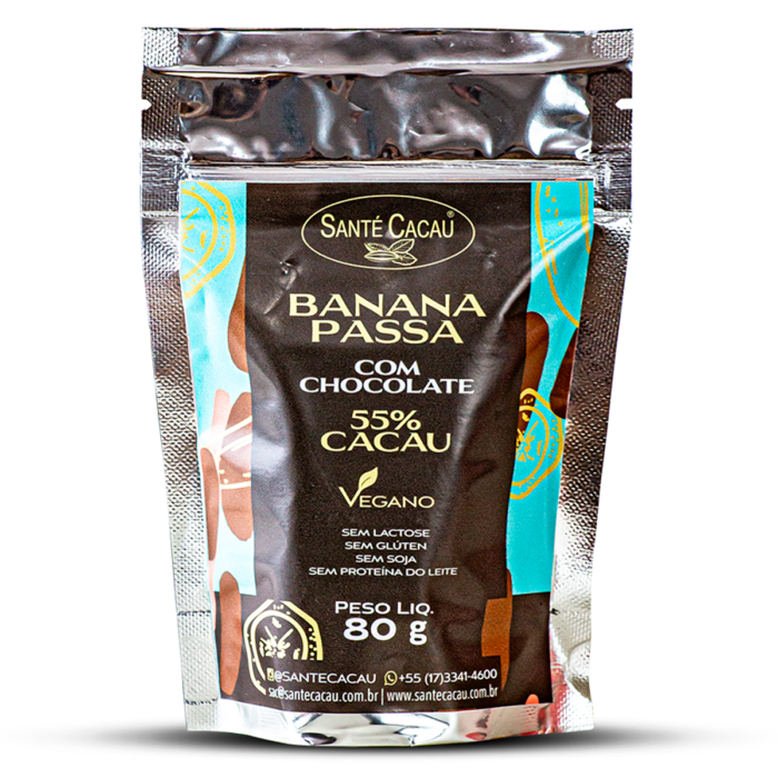 Banana Passa com Cobertura Chocolate 55% cacau (80g) Chocolates Vegano Ingredientes: banana passa, massa de cacau, açúcar orgânico. Produto sem lactose, sem proteína do leite, sem glúten e sem soja.