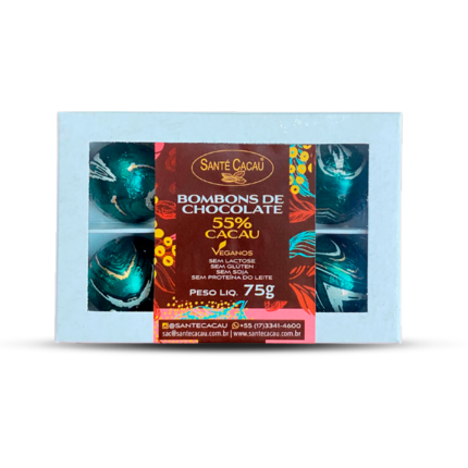 A sutileza do pistache, combinada ao chocolate 55% cacau, resulta em bombons com toque gourmet e textura suave. Veganos, Kosher, sem glúten, sem soja e sem lactose, são ideais para quem procura algo mais elaborado. Ingredientes: Massa de cacau, manteiga de cacau, açúcar orgânico e pistache. ALÉRGICOS: Contém pistache. Pode conter banana passa, uva passa, damasco, castanha-do-pará, castanha de caju e avelã. Não contém lactose, proteína do leite, glúten e soja.