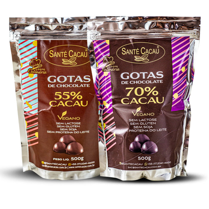 Oferta Combo Culinarista Gotas de chocolate 55% e 70% cacau (500g) Chocolates Vegano Ingredientes: massa de cacau natural e açúcar cristal orgânico. Produto sem lactose, sem proteína do leite, sem glúten e sem soja.