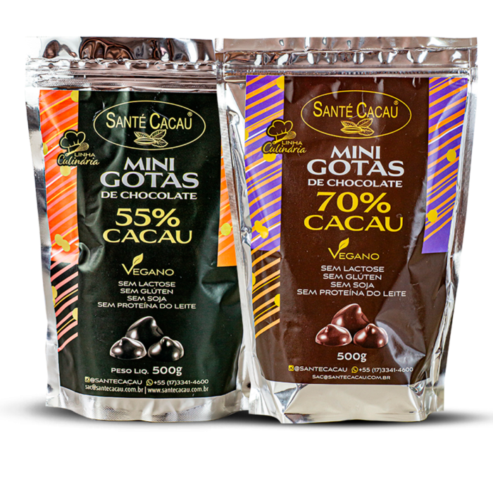 Combo Culinarista Mini Gotas de chocolate 55% e 70% cacau (500g) Chocolates Vegano Ingredientes: massa de cacau natural e açúcar cristal orgânico. Produto sem lactose, sem proteína do leite, sem glúten e sem soja.