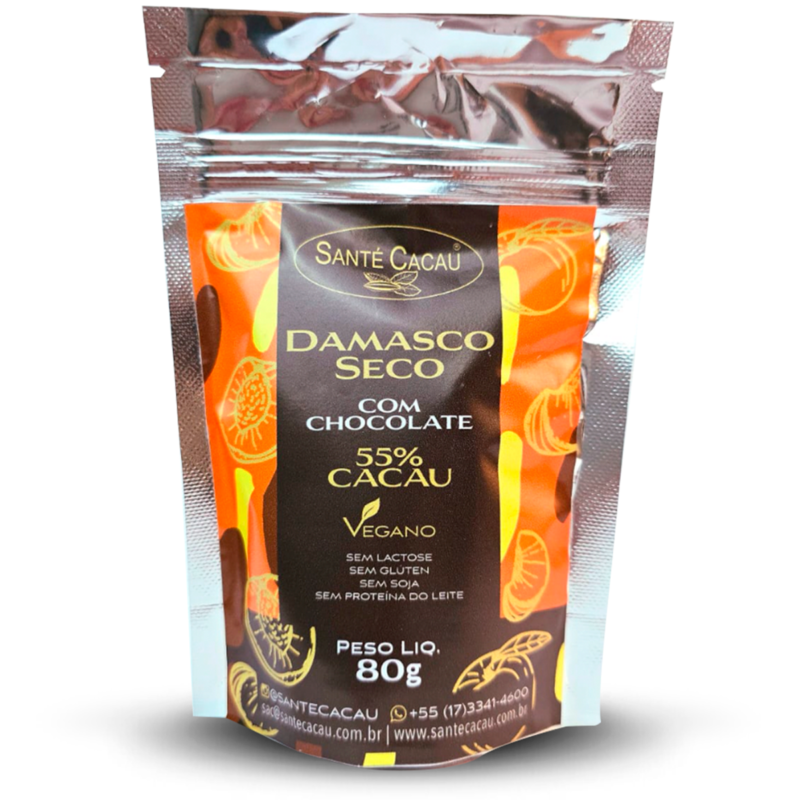 Damasco Seco com Cobertura Chocolate 55% cacau (80g) Descrição Completa: O damasco seco possui sabor levemente ácido que, ao ser coberto pelo chocolate 55% cacau, resulta em um snack agridoce e sofisticado. Vegano, sem lactose, glúten, proteína do leite e soja, é uma escolha refinada para quem busca um doce equilibrado. Ingredientes: Damasco seco, massa de cacau, manteiga de cacau e açúcar orgânico. ALÉRGICOS: Contém damasco. Pode conter: banana passa, uva passa, castanha-do-pará, castanha de caju, avelã e pistache. Não contém lactose, proteína do leite, glúten e soja.