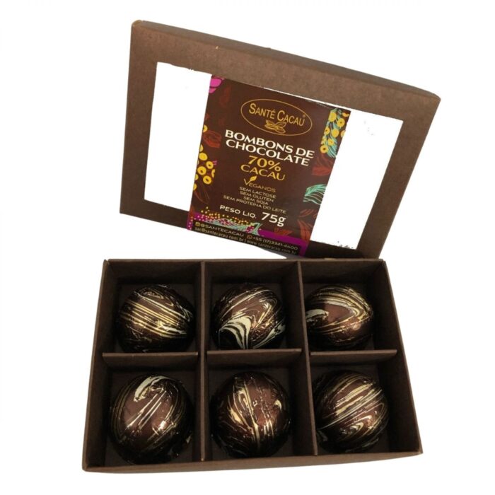 Caixa com 6 bombons puro 70% cacau (75g) Chocolates Vegano Caixa de 6 bombons puros 70% cacau. Veganos, Kosher, sem lactose e sem glúten, para o máximo sabor de cacau.