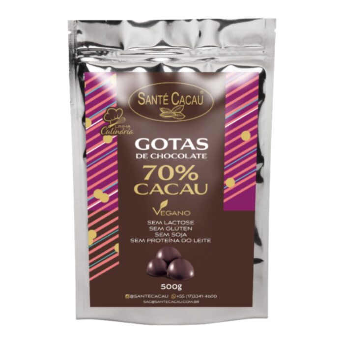 Gotas de chocolate 70% cacau (500g) Chocolates Vegano Ingredientes: massa de cacau natural e açúcar cristal orgânico. Produto sem lactose, sem proteína do leite, sem glúten e sem soja.