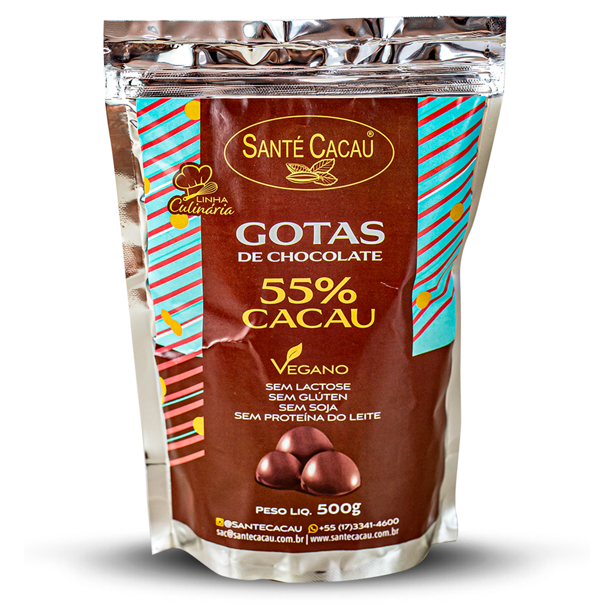 Gotas de chocolate 55% cacau (500g) Descrição Completa: Com dulçor moderado, estas gotas de chocolate 55% cacau são ideais para quem prefere um sabor equilibrado. Veganas, Kosher, livres de lactose, proteína do leite, glúten e soja, podem ser utilizadas em bolos, cookies, coberturas ou apreciadas diretamente do pacote. Ingredientes: Massa de cacau, manteiga de cacau e açúcar orgânico. ALÉRGICOS: Pode conter: banana passa, uva passa, damasco, castanha-do-pará, castanha de caju, avelã e pistache. Não contém lactose, proteína do leite, glúten e soja.