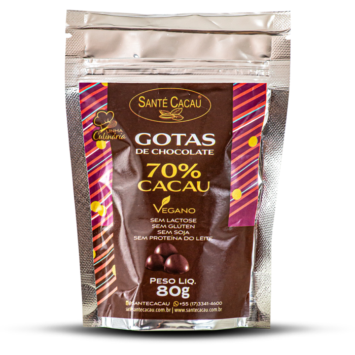 Gotas de chocolate 70% cacau (80g) Chocolates Vegano Ingredientes: massa de cacau natural e açúcar cristal orgânico. Produto sem lactose, sem proteína do leite, sem glúten e sem soja.