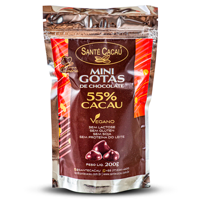 Mini gotas de chocolate 55% cacau (200g) Chocolates Vegano Ingredientes: massa de cacau e açúcar cristal orgânico. Produto zero: lactose, proteína do leite, glúten e soja.