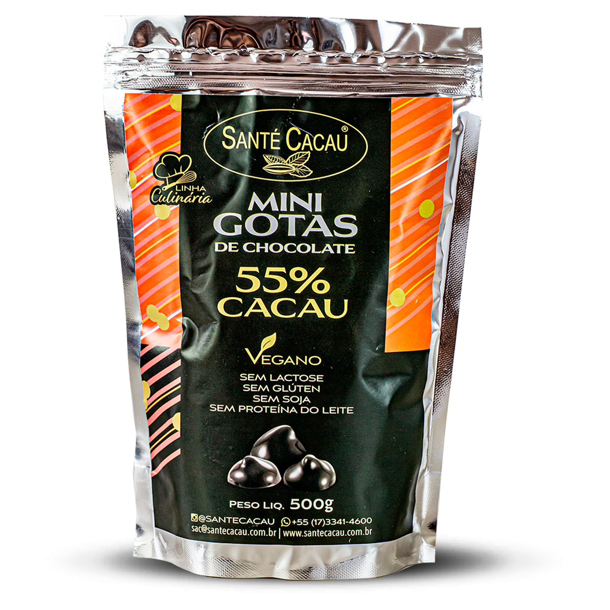 Mini gotas de chocolate 55% cacau (500g) Estas mini gotas de chocolate 55% cacau oferecem praticidade no derretimento e decoração de receitas. Veganas, Kosher, sem lactose, glúten, proteína do leite e soja, possuem sabor equilibrado, com leve dulçor e notas de cacau. Ingredientes: Massa de cacau, manteiga de cacau e açúcar orgânico. ALÉRGICOS: Pode conter: banana passa, uva passa, damasco, castanha-do-pará, castanha de caju, avelã e pistache. Não contém lactose, proteína do leite, glúten e soja.