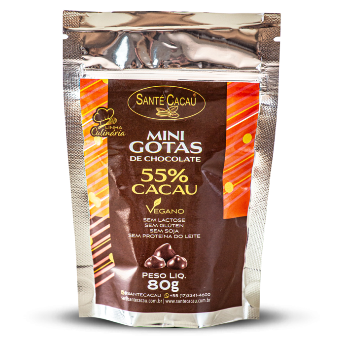 Mini gotas de chocolate 55% cacau (80g) Chocolates Vegano Ingredientes: massa de cacau natural e açúcar cristal orgânico. Produto sem lactose, sem proteína do leite, sem glúten e sem soja.