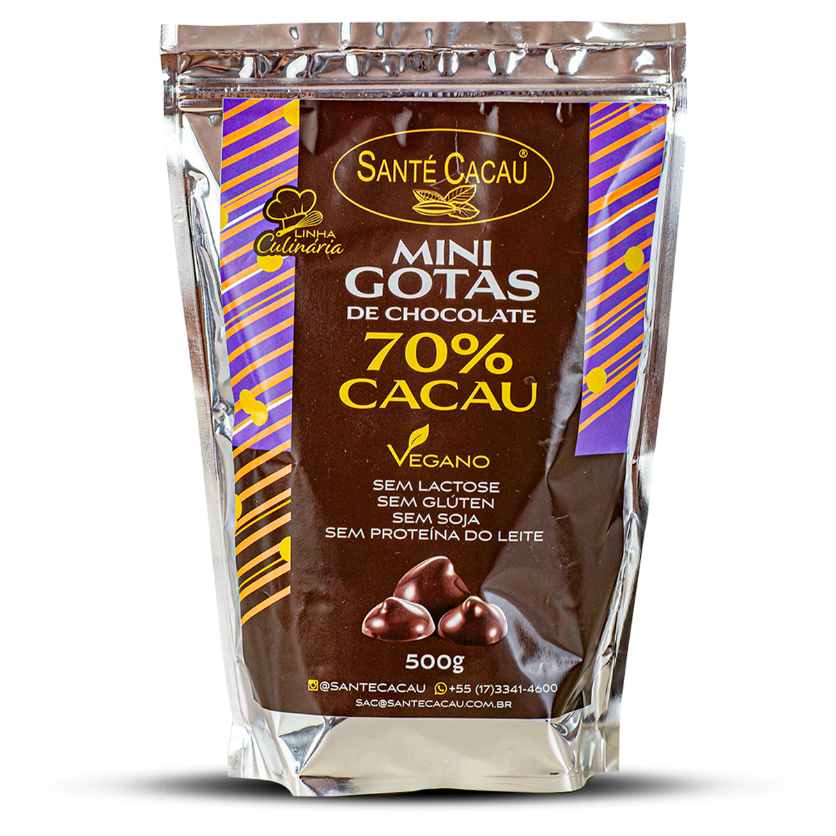 Estas mini gotas de chocolate 70% cacau oferecem praticidade no derretimento e decoração de receitas. Veganas, Kosher, sem lactose, glúten, proteína do leite e soja, possuem sabor equilibrado, com leve dulçor e notas de cacau. Ingredientes: Massa de cacau, manteiga de cacau e açúcar orgânico. ALÉRGICOS: Pode conter: banana passa, uva passa, damasco, castanha-do-pará, castanha de caju, avelã e pistache. Não contém lactose, proteína do leite, glúten e soja.