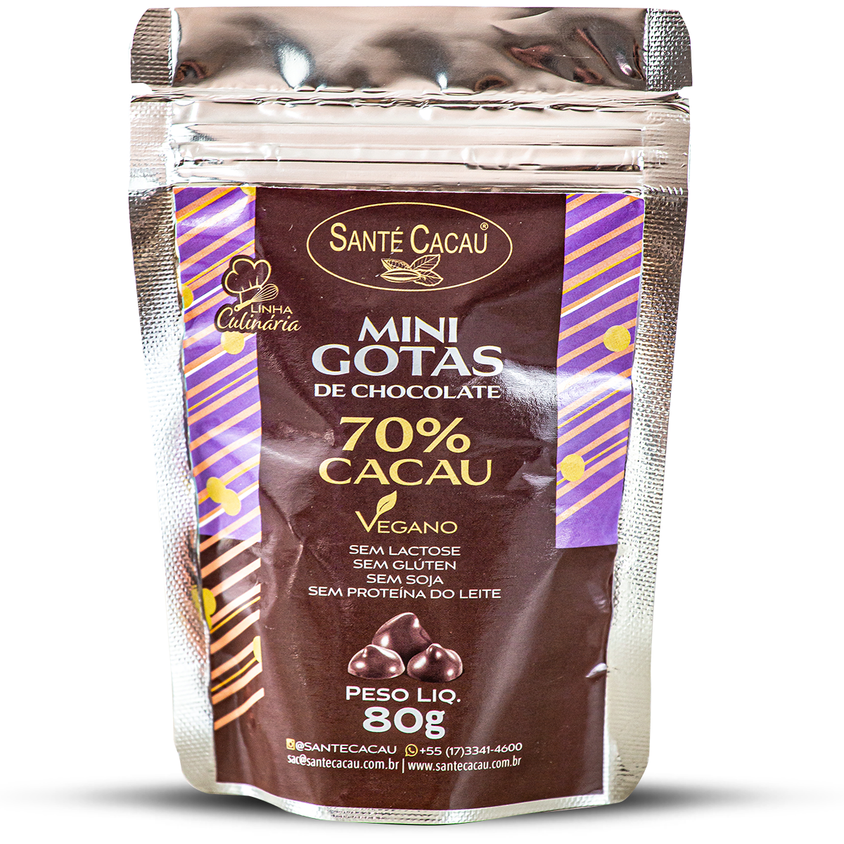 Estas mini gotas de chocolate 70% cacau oferecem praticidade no derretimento e decoração de receitas. Veganas, Kosher, sem lactose, glúten, proteína do leite e soja, possuem sabor equilibrado, com leve dulçor e notas de cacau. Ingredientes: Massa de cacau, manteiga de cacau e açúcar orgânico. ALÉRGICOS: Pode conter: banana passa, uva passa, damasco, castanha-do-pará, castanha de caju, avelã e pistache. Não contém lactose, proteína do leite, glúten e soja.